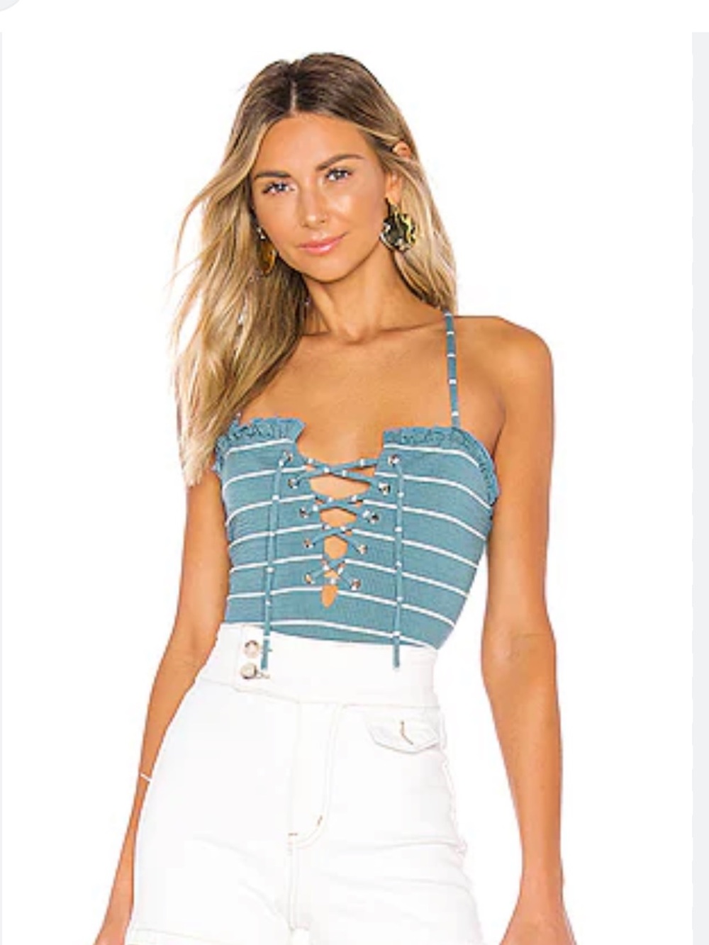 Privacy Please Turquoise Striped Lace-Up “Mina” Bodysuit